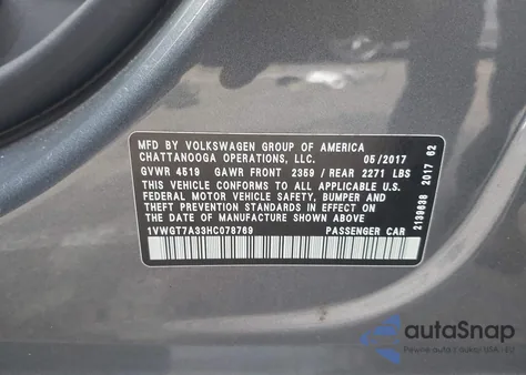 2017 Volkswagen Passat 1.8T Se из США, поврежденный, VIN 1VWGT7A33HC078769